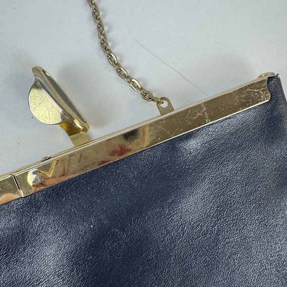 1960s minimalist glam navy leather clutch Etra gold frame evening bag - Picture 10 of 16